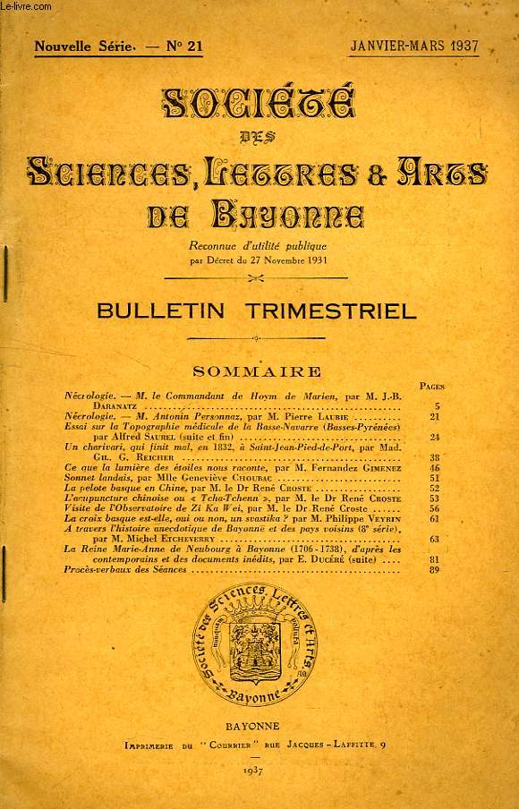 SOCIETE DES SCIENCES, LETTRES & ARTS DE BAYONNE, NOUVELLE SERIE, N 21, JAN.-MARS 1937