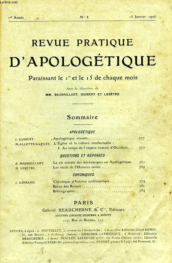 REVUE PRATIQUE D'APOLOGETIQUE, 1re ANNEE, N 8, JAN. 1906
