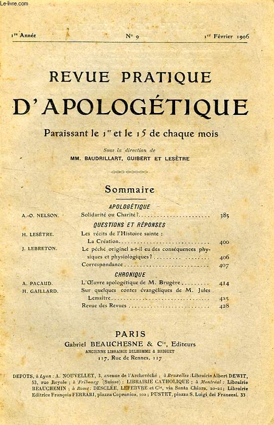 REVUE PRATIQUE D'APOLOGETIQUE, 1re ANNEE, N 9, FEV. 1906
