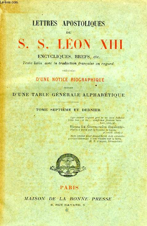 LETTRES APOSTOLIQUES DE S. S. LEON XIII, TOME VII