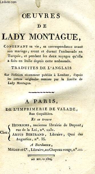 OEUVRES DE LADY MONTAGUE, 2 TOMES