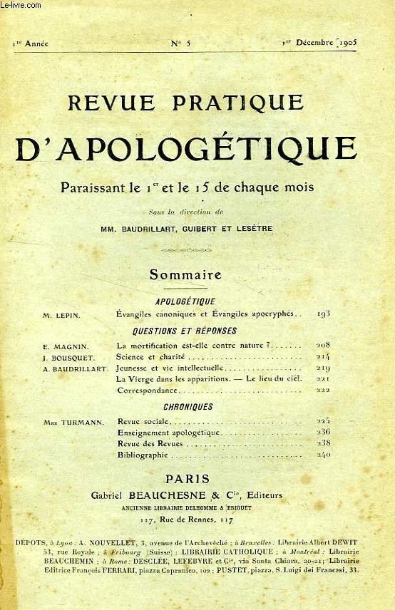 REVUE PRATIQUE D'APOLOGETIQUE, 1re ANNEE, N 5, DEC. 1905