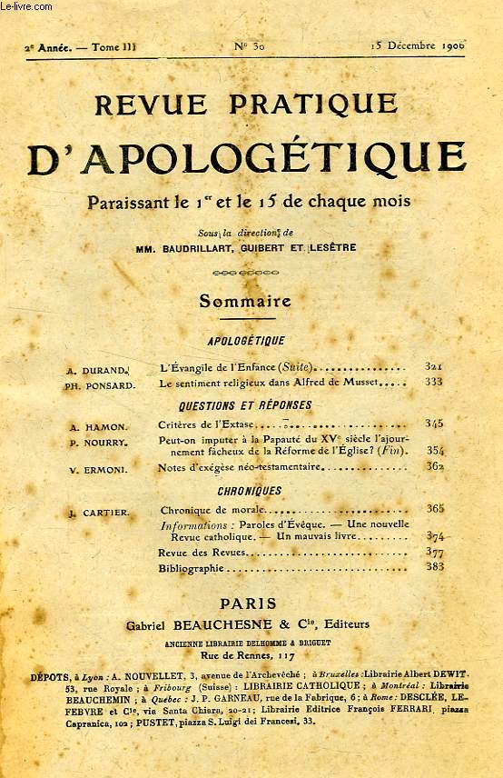 REVUE PRATIQUE D'APOLOGETIQUE, 2e ANNEE, TOME III, N 30, DEC. 1906