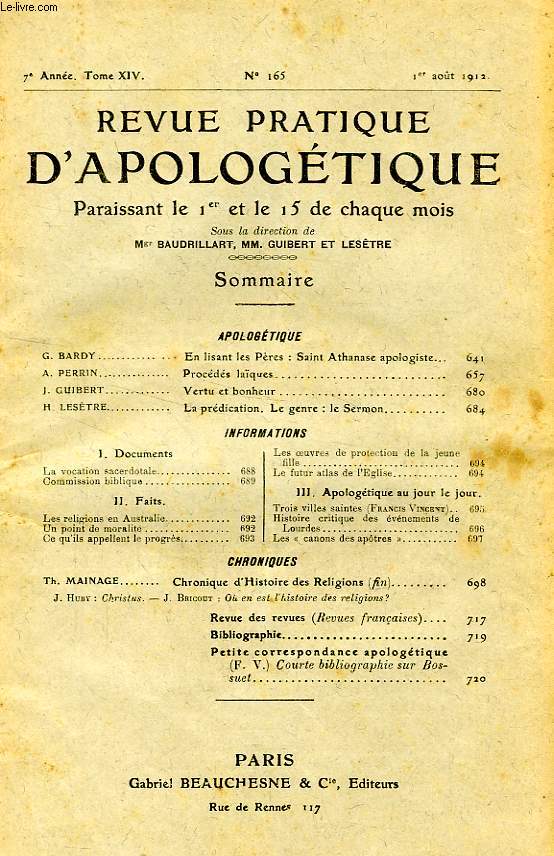 REVUE PRATIQUE D'APOLOGETIQUE, 7e ANNEE, TOME XIV, N 165, AOUT 1912