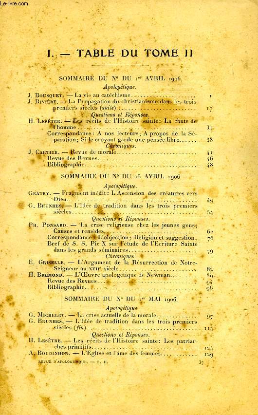 REVUE PRATIQUE D'APOLOGETIQUE, 1re ANNEE, TOME II, 1906, TABLE DU TOME II
