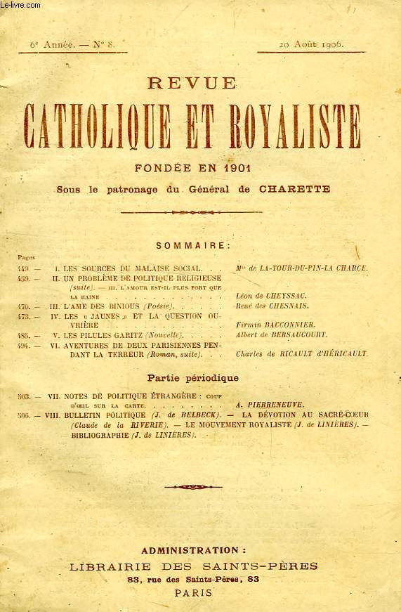 REVUE CATHOLIQUE ET ROYALISTE, 6e ANNEE, N 8, AOUT 1906