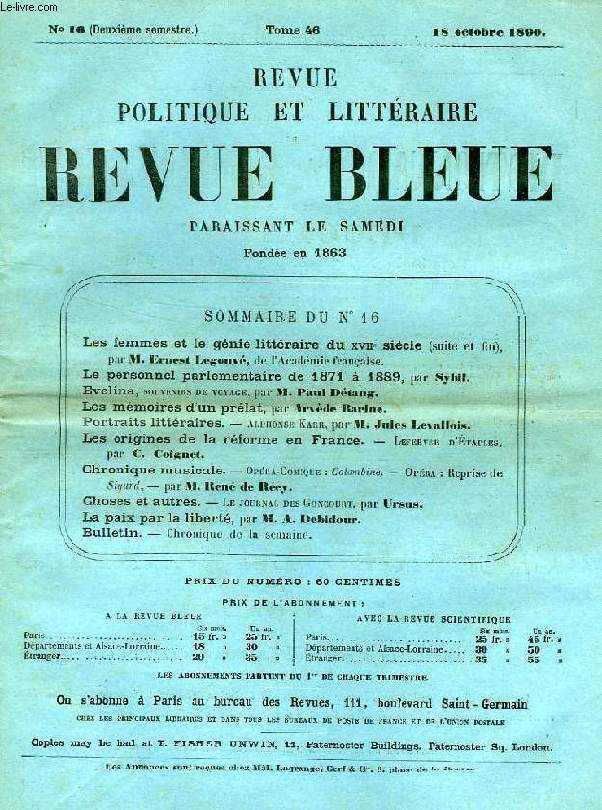 REVUE POLITIQUE ET LITTERAIRE, REVUE BLEUE, TOME XLVI, N 16, OCT. 1890