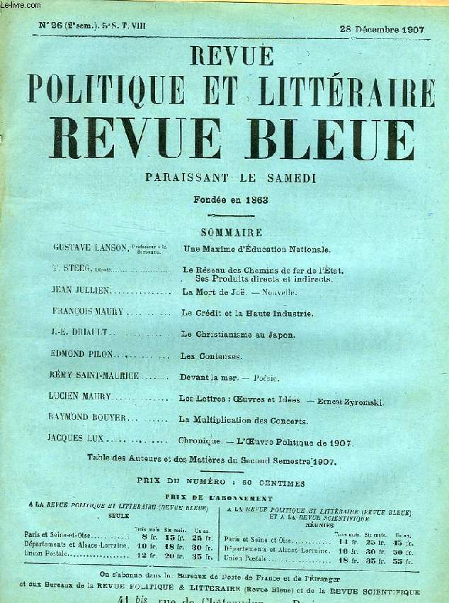 REVUE POLITIQUE ET LITTERAIRE, REVUE BLEUE, 5e SERIE, TOME VIII, N 26, DEC. 1907