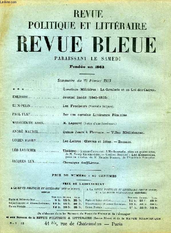 REVUE POLITIQUE ET LITTERAIRE, REVUE BLEUE, 51e ANNEE, N 8, FEV. 1913