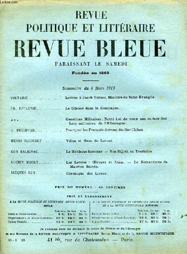 REVUE POLITIQUE ET LITTERAIRE, REVUE BLEUE, 51e ANNEE, N 10, MARS 1913