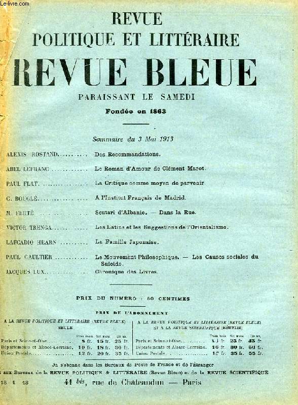 REVUE POLITIQUE ET LITTERAIRE, REVUE BLEUE, 51e ANNEE, N 18, MAI 1913