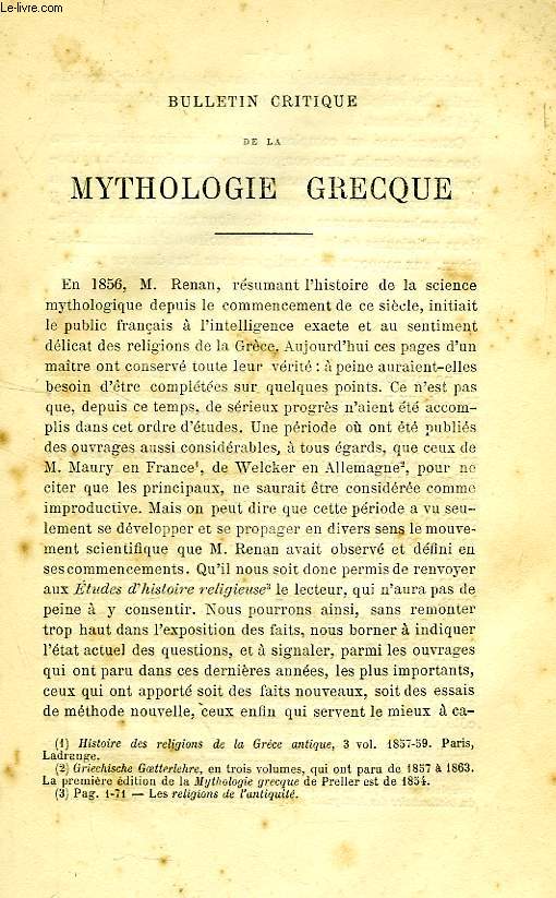 BULLETIN CRITIQUE DE LA MYTHOLOGIE GRECQUE