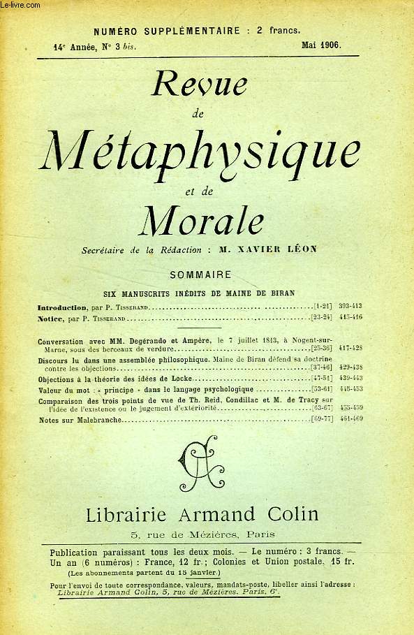 REVUE DE METAPHYSIQUE ET DE MORALE, 14e ANNEE, N 3 bis, MAI 1906