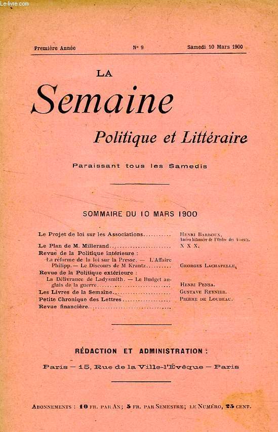 LA SEMAINE POLITIQUE ET LITTERAIRE, 1re ANNEE, N 9, MARS 1900