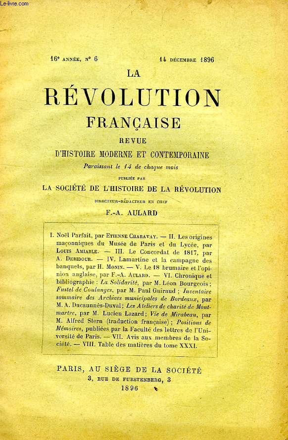 LA REVOLUTION FRANCAISE, REVUE HISTORIQUE, 16e ANNEE, N 6, DEC. 1896