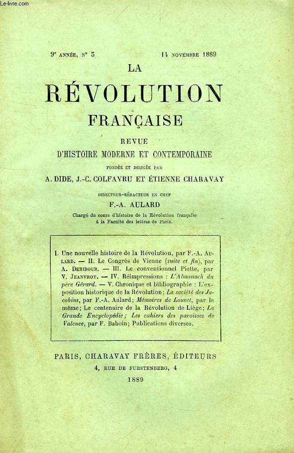 LA REVOLUTION FRANCAISE, REVUE HISTORIQUE, 9e ANNEE, N 5, NOV. 1889