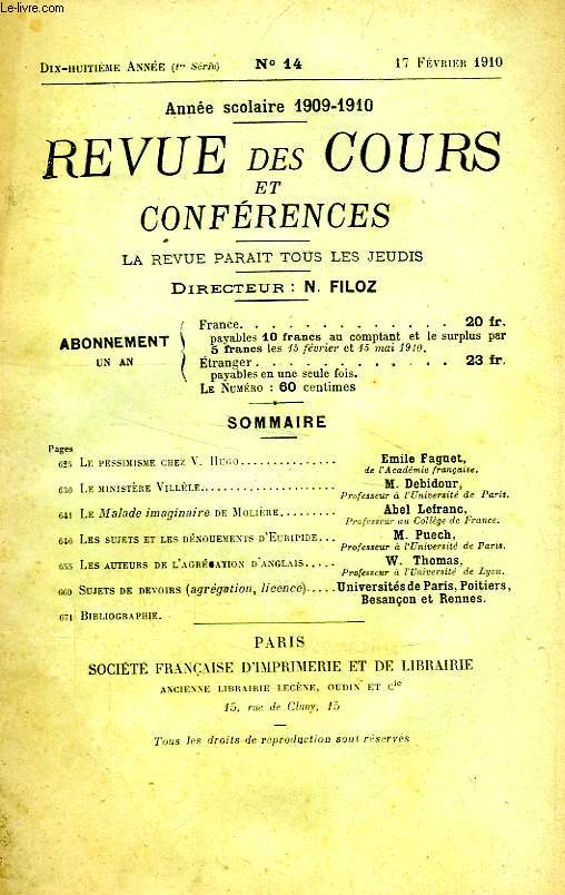REVUE DES COURS ET CONFERENCES, 18e ANNEE, N 14, FEV. 1910