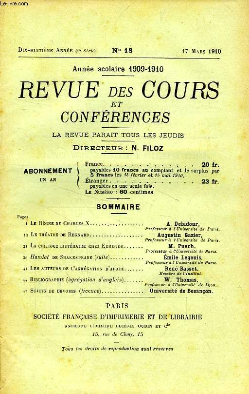 REVUE DES COURS ET CONFERENCES, 18e ANNEE, N 18, MARS 1910