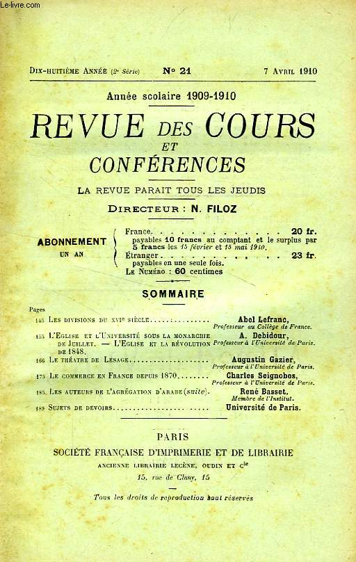 REVUE DES COURS ET CONFERENCES, 18e ANNEE, N 21, AVRIL 1910