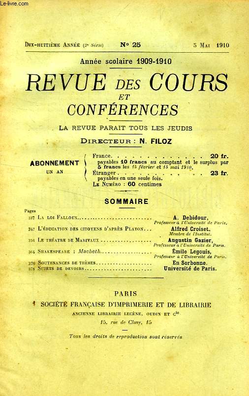 REVUE DES COURS ET CONFERENCES, 18e ANNEE, N 25, MAI 1910