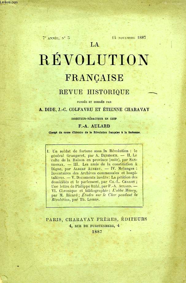LA REVOLUTION FRANCAISE, REVUE HISTORIQUE, 7e ANNEE, N 5, NOV. 1887