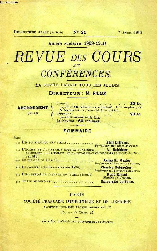 REVUE DES COURS ET CONFERENCES, 18e ANNEE, N 21, AVRIL 1910