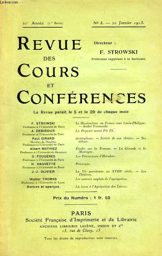 REVUE DES COURS ET CONFERENCES, 21e ANNEE, N 3, JAN. 1913