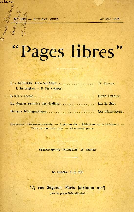 PAGES LIBRES, 8e ANNEE, N° 387, MAI 1908