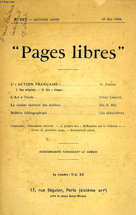 PAGES LIBRES, 8e ANNEE, N 387, MAI 1908