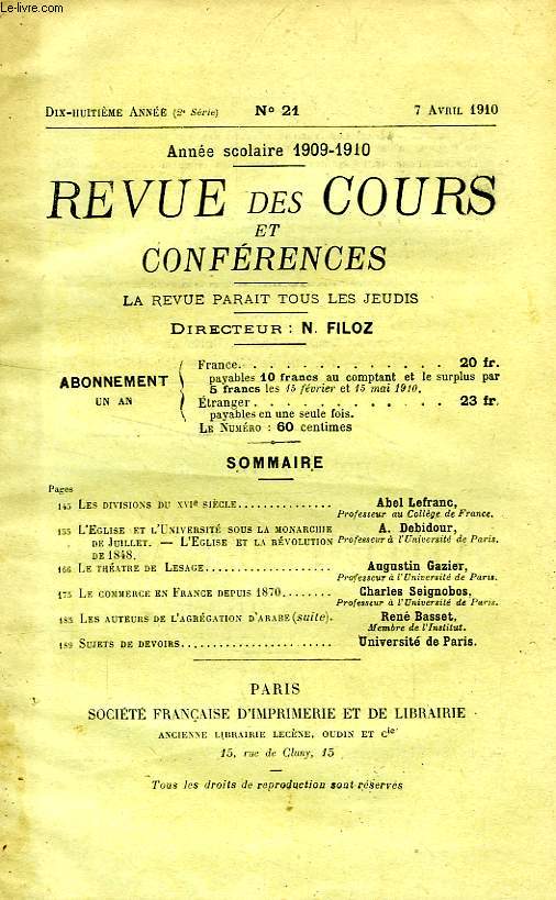 REVUE DES COURS ET CONFERENCES, 18e ANNEE, N 21, AVRIL 1910