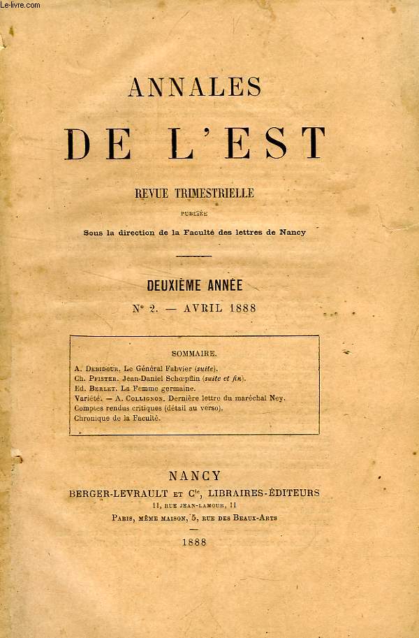 ANNALES DE L'EST, 2e ANNEE, N 2, AVRIL 1888