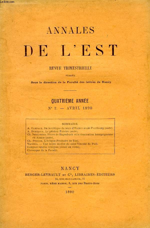ANNALES DE L'EST, 4e ANNEE, N 2, AVRIL 1890