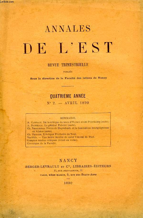 ANNALES DE L'EST, 4e ANNEE, N 2, AVRIL 1890