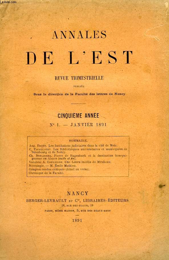 ANNALES DE L'EST, 5e ANNEE, N 1, JAN. 1891
