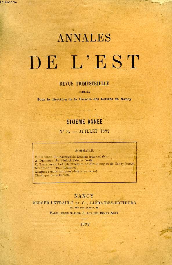 ANNALES DE L'EST, 6e ANNEE, N 3, JUILLET 1892