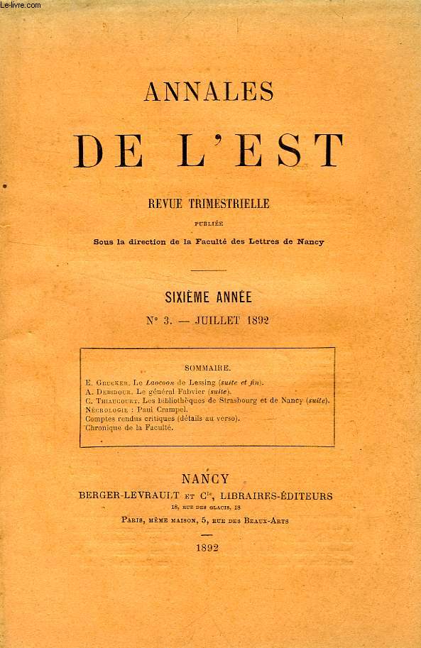 ANNALES DE L'EST, 6e ANNEE, N 3, JUILLET 1892