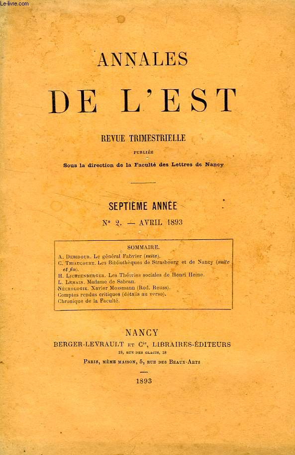 ANNALES DE L'EST, 7e ANNEE, N 2, AVRIL 1893