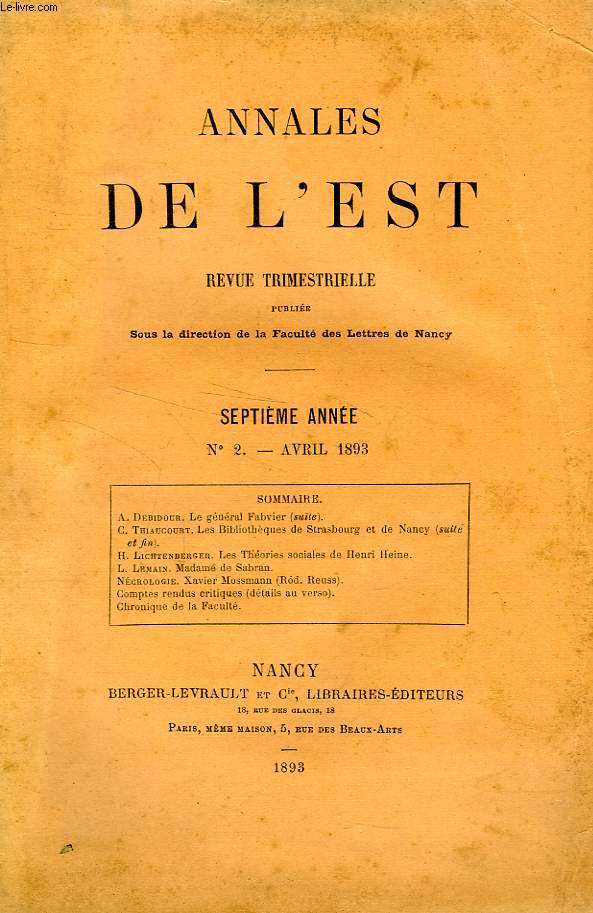 ANNALES DE L'EST, 7e ANNEE, N 2, AVRIL 1893