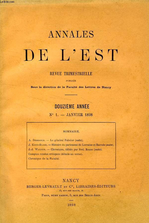 ANNALES DE L'EST, 12e ANNEE, N 1, JAN. 1898