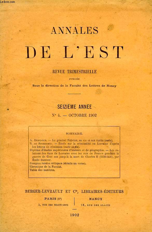 ANNALES DE L'EST, 16e ANNEE, N 4, OCT. 1902