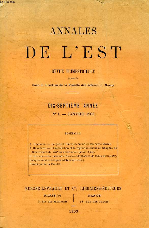 ANNALES DE L'EST, 17e ANNEE, N 1, JAN. 1903