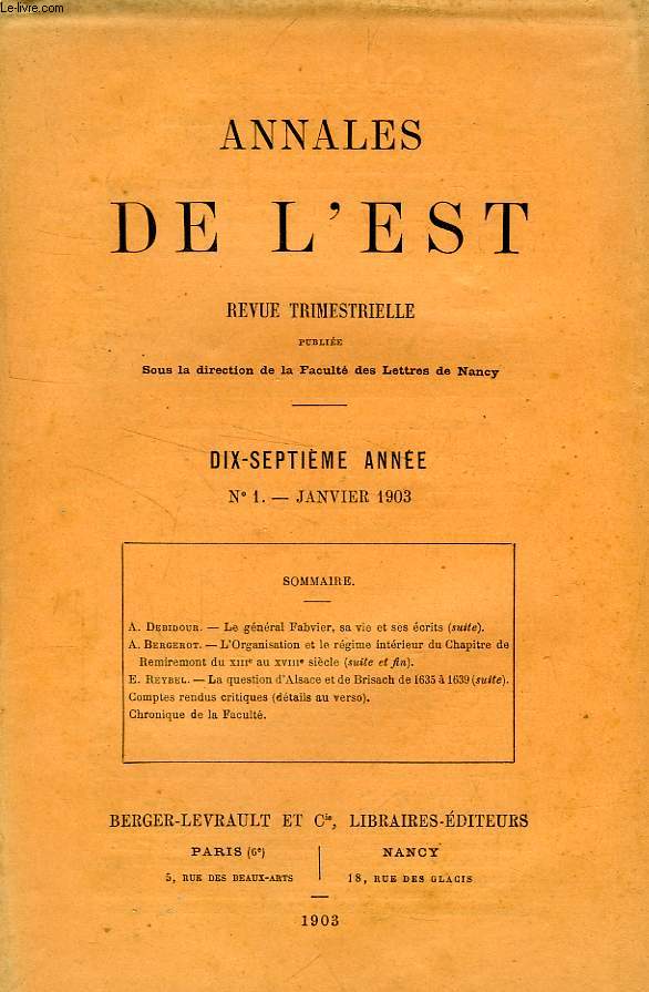 ANNALES DE L'EST, 17e ANNEE, N 1, JAN. 1903
