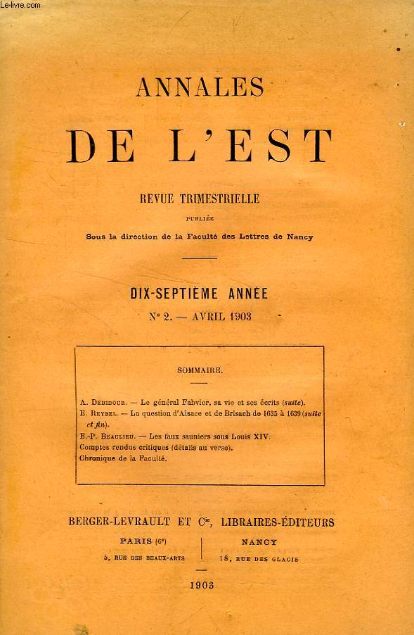 ANNALES DE L'EST, 17e ANNEE, N 2, AVRIL 1903