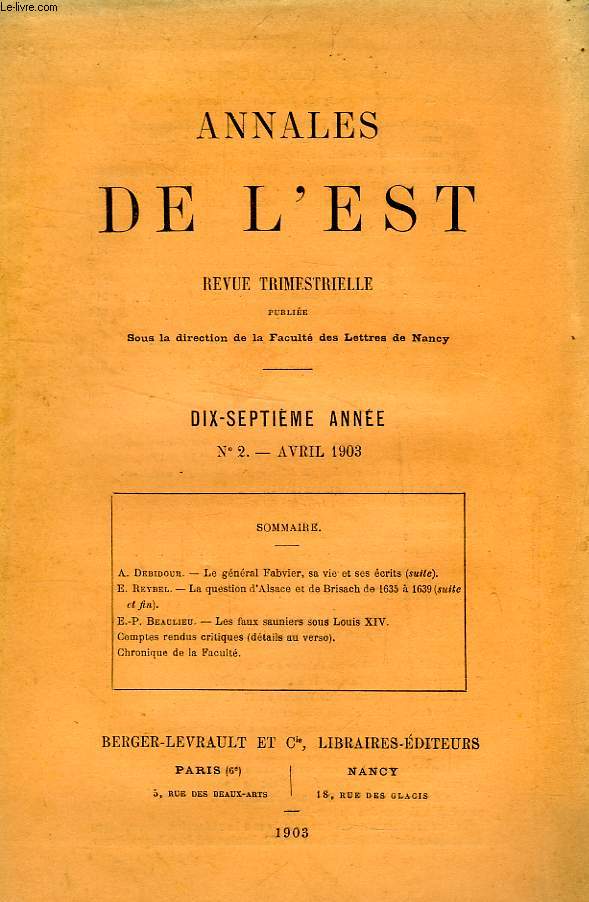 ANNALES DE L'EST, 17e ANNEE, N 2, AVRIL 1903