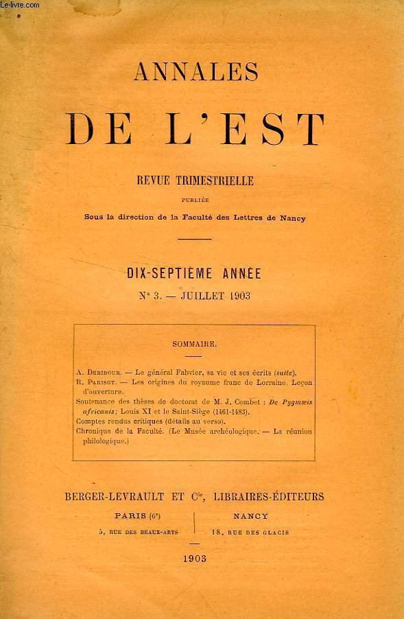 ANNALES DE L'EST, 17e ANNEE, N 3, JUILLET 1903