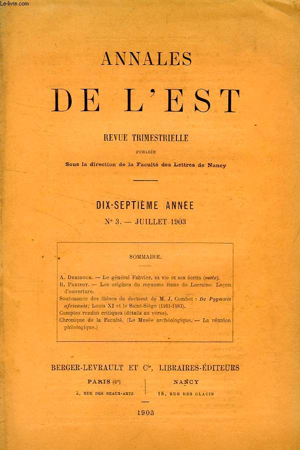 ANNALES DE L'EST, 17e ANNEE, N 3, JUILLET 1903