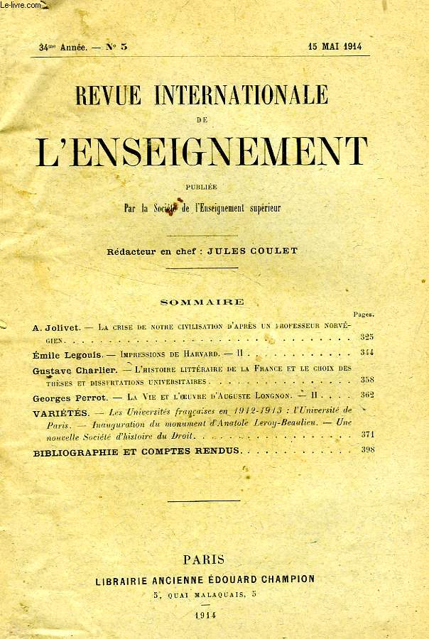 REVUE INTERNATIONALE DE L'ENSEIGNEMENT, 34e ANNEE, N 5, MAI 1914