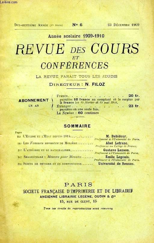 REVUE DES COURS ET CONFERENCES, 18e ANNEE, N 6, DEC. 1909