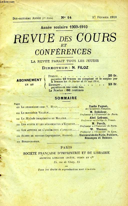 REVUE DES COURS ET CONFERENCES, 18e ANNEE, N 14, FEV. 1910