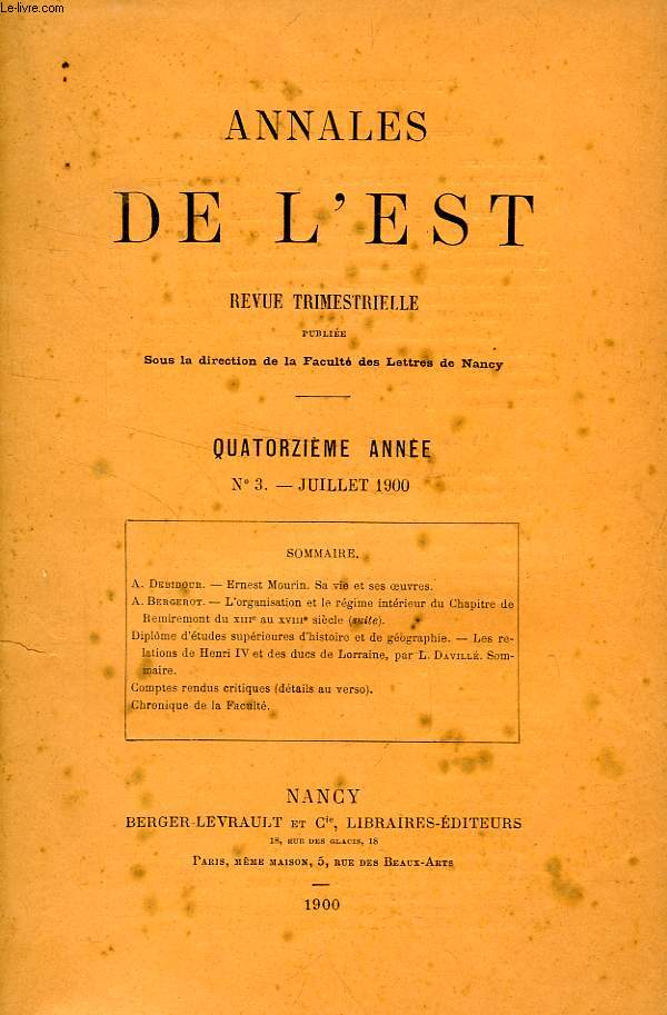 ANNALES DE L'EST, 14e ANNEE, N 3, JUILLET 1900